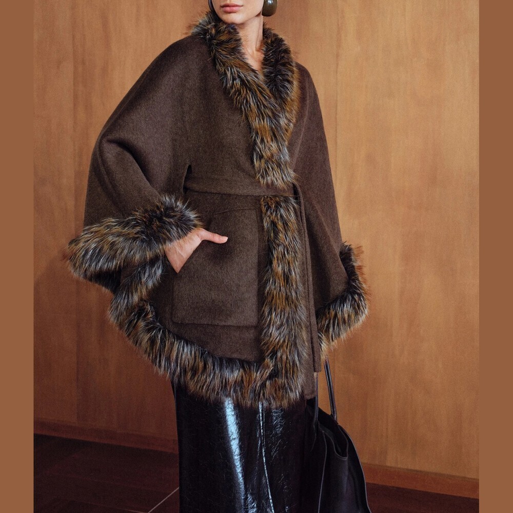 Brown Wool Blend Faux Fur Trim Belted Waterfall Cape Coat - Picture 6 of 8
